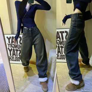 宽松直筒裤 新款 老爹裤 跨裤 怀旧蓝加绒高腰阔腿牛仔裤 哈伦裤 女冬季