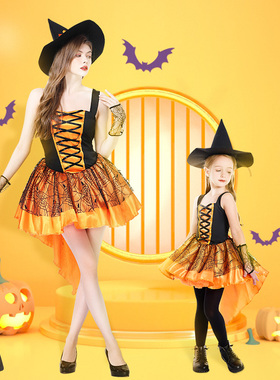 万圣节服装Cosplay演出服亲子装橙色女巫扮演燕尾南瓜蓬蓬吊带裙