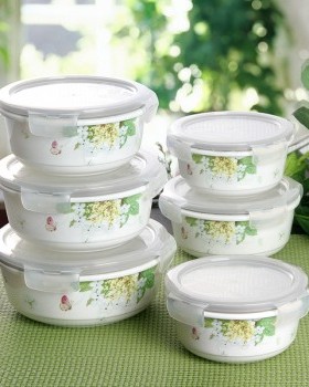 韩国进口zen&lock圆形绿色夏洛特陶瓷密封碗套装保鲜盒饭盒微波炉