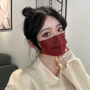 定制喜庆高颜值2025新款 酒红色一次性口罩女黑色秋冬时尚 网红成人