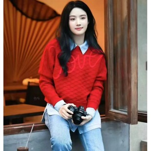 迪丽热巴卢昱晓明星同款洋气减龄法式圣诞红色毛衣女针织衫上衣潮