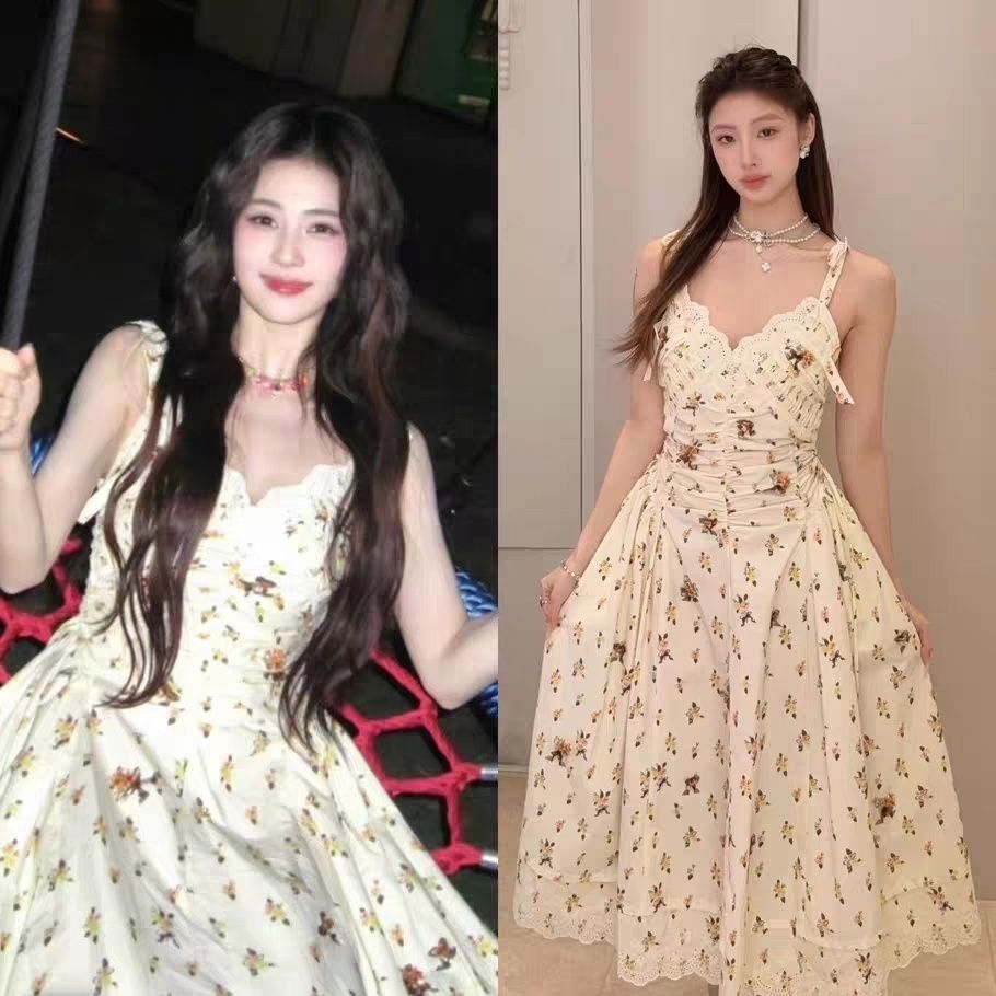 白鹿明星同款气质女装甜美法式复古蕾丝拼接吊带绑带碎花连衣裙潮