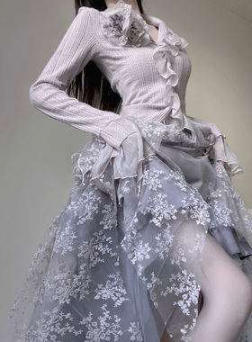 【紫霞仙子】枯叶玫瑰时尚套装重工温柔半裙长袖衬衣气质紫色优雅