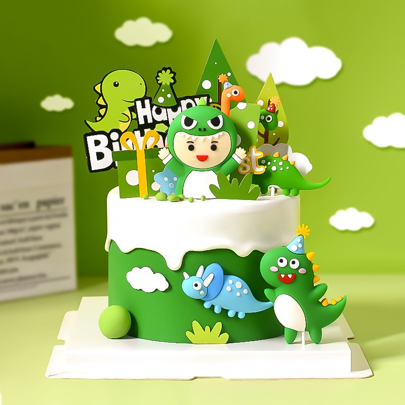 绿色恐龙软胶儿童生日蛋糕装饰摆件树小草男宝宝一岁烘焙派对插件