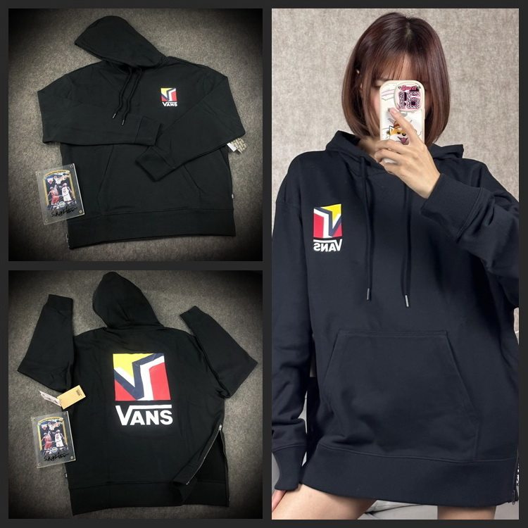 vans范斯连帽卫衣 春款经典logo 黑色宽松oversized中性情侣帽衫