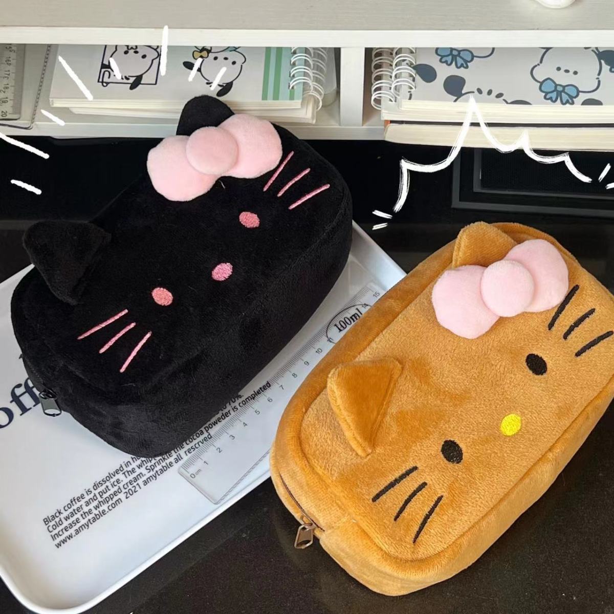 日系可爱Kitty印花笔袋ins卡通凯蒂猫毛绒文具包学生铅笔盒收纳袋