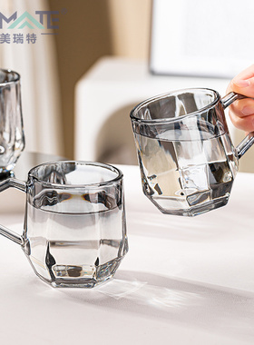 家用玻璃杯耐高温北欧ins风钻石切割六角把杯琥珀早餐牛奶杯创意1