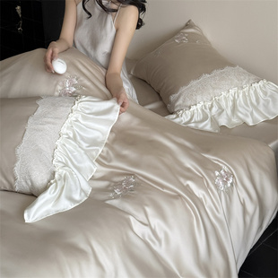 HJ2025设计师新款进口天丝刺绣四件套法式床品高级感轻奢夏季