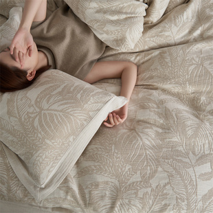 2025新款 HJ轻奢高级感棉麻色织提花四件套床单被套床上用品宽边款