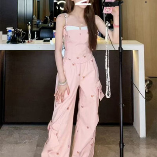 粉色新款 女蝴蝶结吊带背心高级设计直筒裤 两件套 套装 炸街甜酷夏季