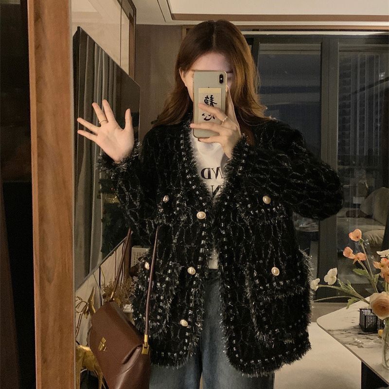 2025小香风胖mmV领流苏针织开衫女秋冬新款感仿貂绒短款外套上衣
