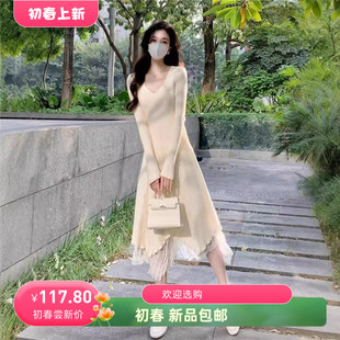 2025秋冬新款不规则拼接收腰大摆打底针织连衣裙女高冷御姐风长裙