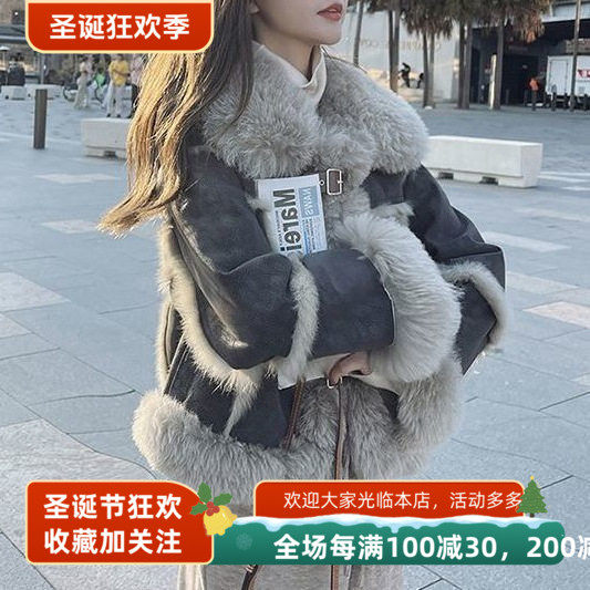 仿羊羔毛外套女冬季2025新款皮毛一体机车服小个子加厚羊羔绒上衣