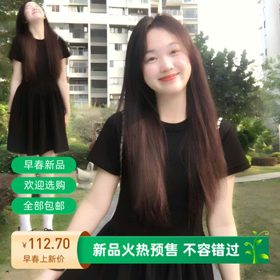 黑色正肩连衣裙女夏赫本风小黑裙掐腰短裙夏日韩系绝美巨好看裙子