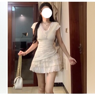 白色假两件连衣裙女夏日绝美甜美小裙子富家千金感短裙纯欲穿搭短