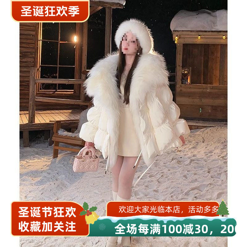 2025冬季新款毛领感号鸭绒好看加厚白色连帽羽绒服外套白鸭绒