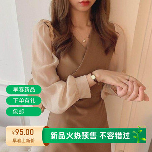 春夏长袖连衣裙收腰显瘦V领打底裙女新款假两件洋气小个子短裙子