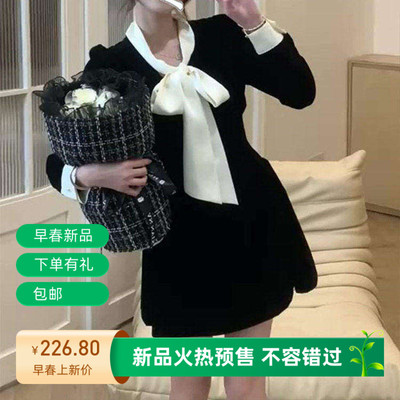 法式蝴蝶结系带丝绒连衣裙收腰显瘦甜辣风连衣裙