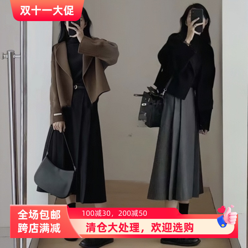美拉德套装女秋冬大码微胖mm显瘦高级感呢子西装外套连衣裙两件套