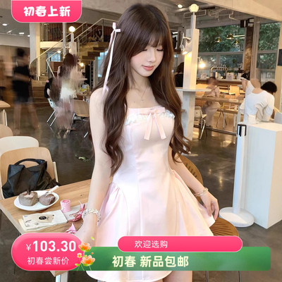 粉色蝴蝶结吊带连衣裙子女夏季2025新款法式气质收腰公主蓬蓬短裙