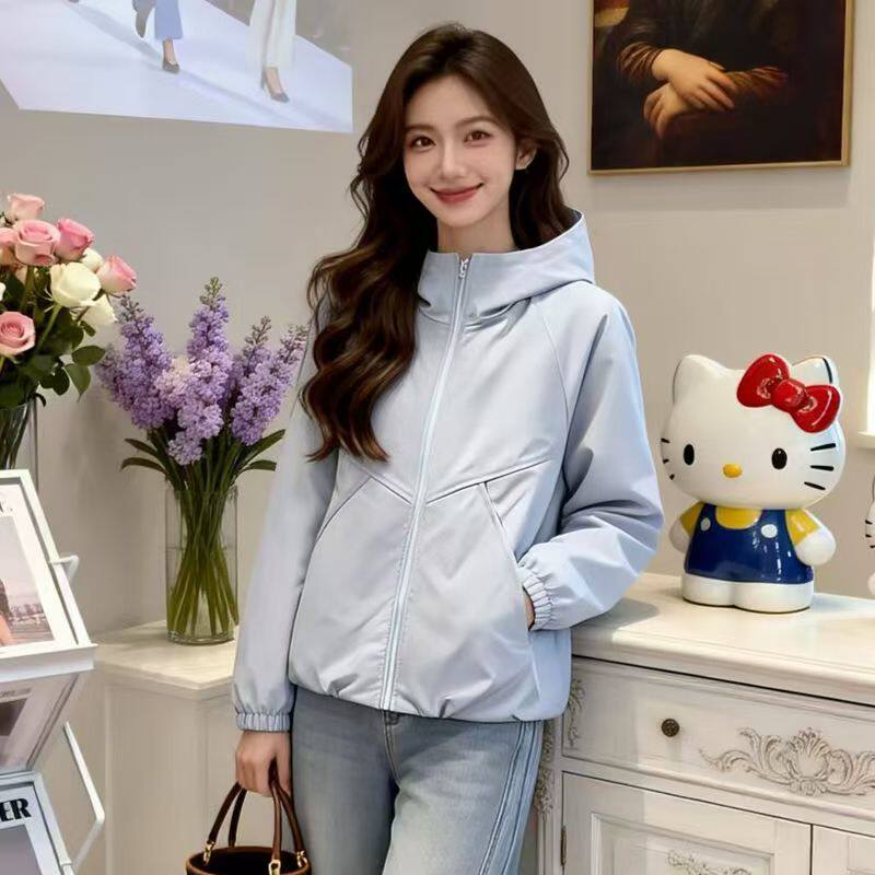 韩式休闲风短款外套女春季薄款防水连帽宽松夹克洋气时尚长冲锋衣