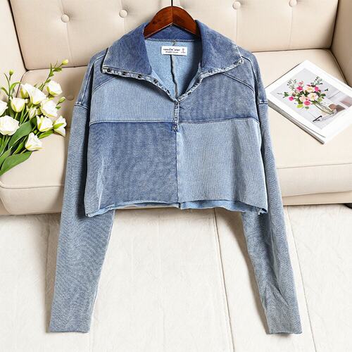 2026年春夏季甜酷少女显瘦短款牛仔衣休闲纯色百搭长袖T恤上衣