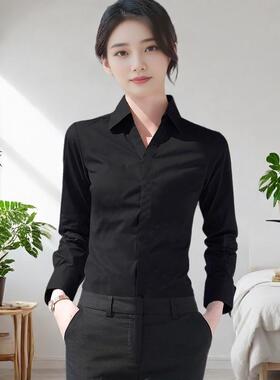 秋季女士长袖衬衫休闲职业工装防走光暗门襟黑色打底衫修身款衬衣