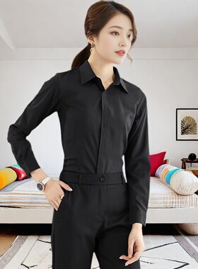 春秋新款黑色衬衫女长袖暗扣工装休闲职业装方领衬衣ol打底衫修身