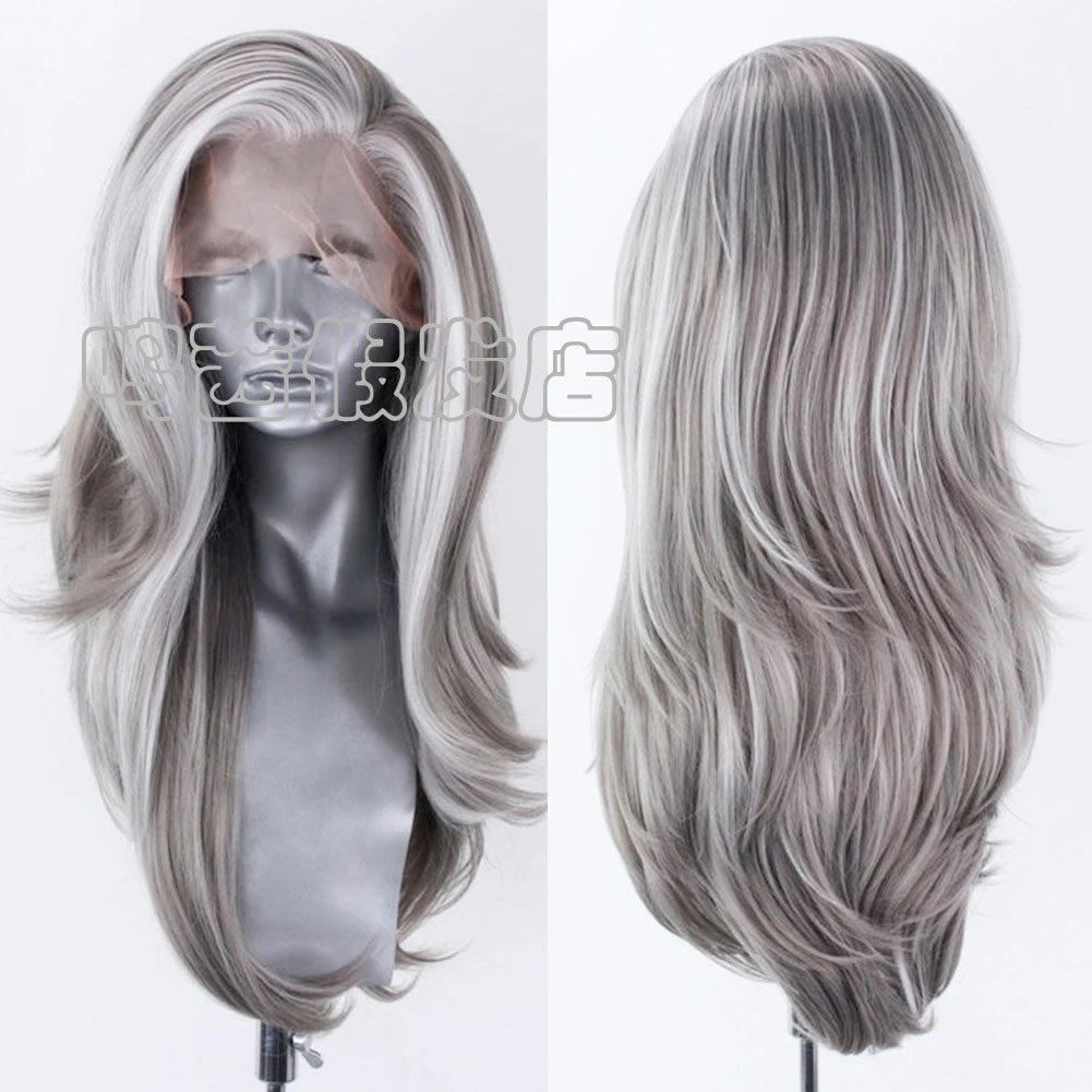 挑染灰银色前蕾丝化纤卷假发头套 synthetic lace front wig