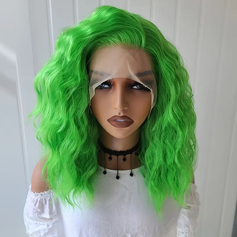 绿色小卷curly女士前蕾丝手勾化纤整顶假发全头套哑光高温丝wigs
