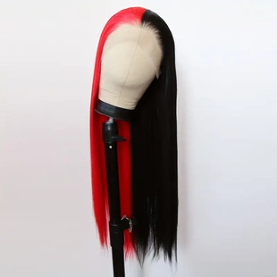 半黑半红长直发女士前蕾丝手勾化纤整顶假发全头套哑光高温丝wigs