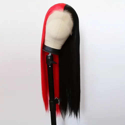 半黑半红长直发女士前蕾丝手勾化纤整顶假发全头套哑光高温丝wigs