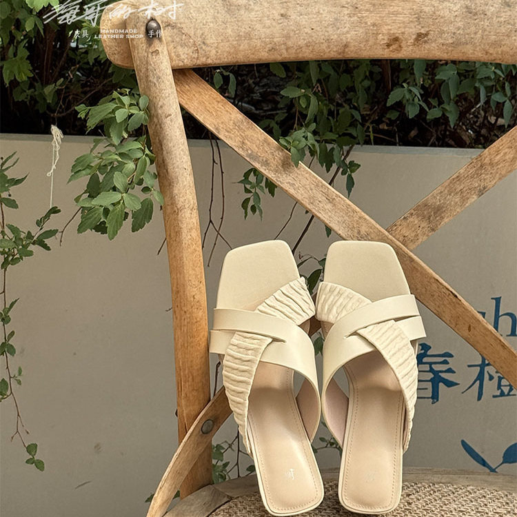 树手工鞋【交叉带高跟凉拖】法式复古一字拖拖鞋HE05优雅真皮女鞋