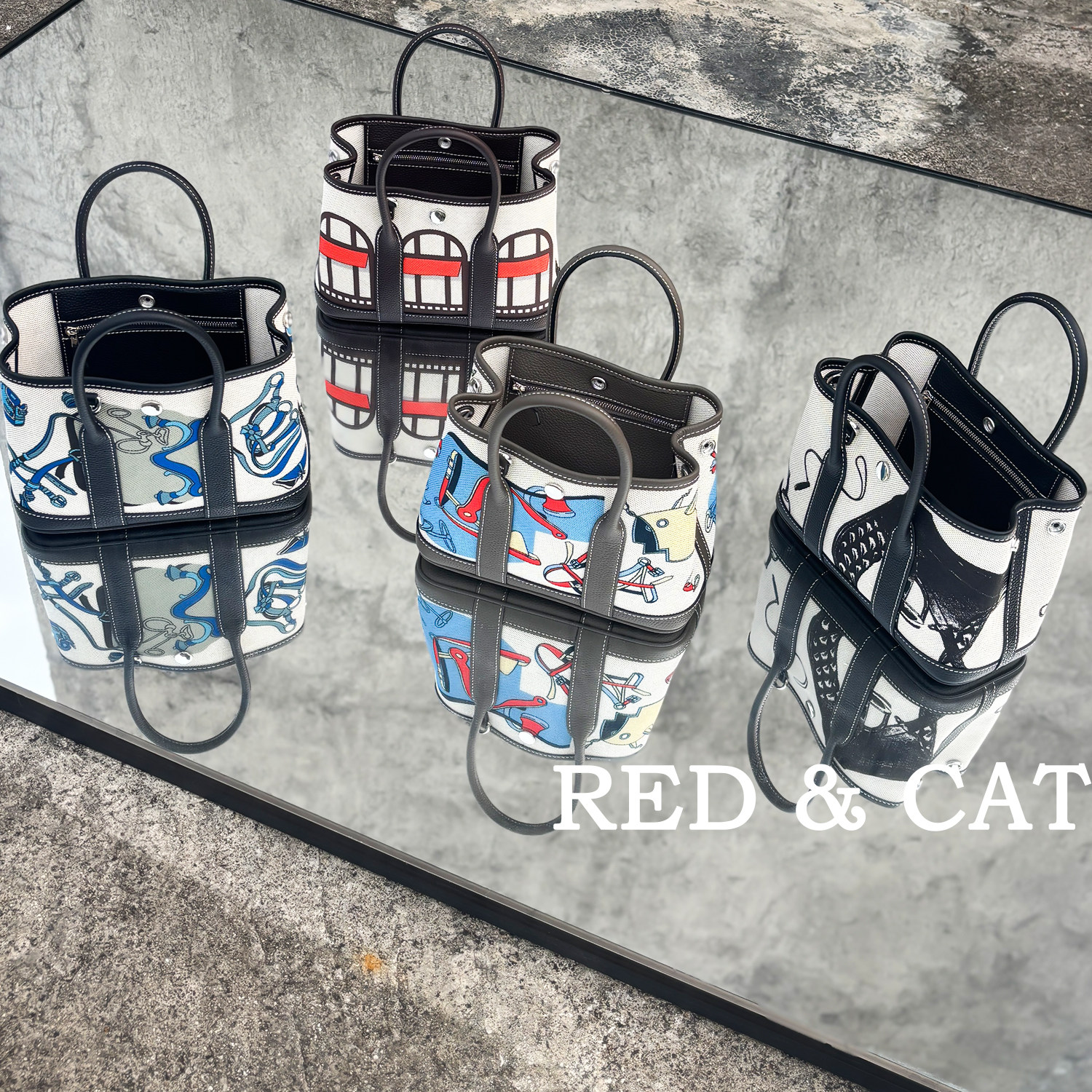 高品质半手工缝线头层牛皮配印花帆布手提斜挎经典花园包托特包