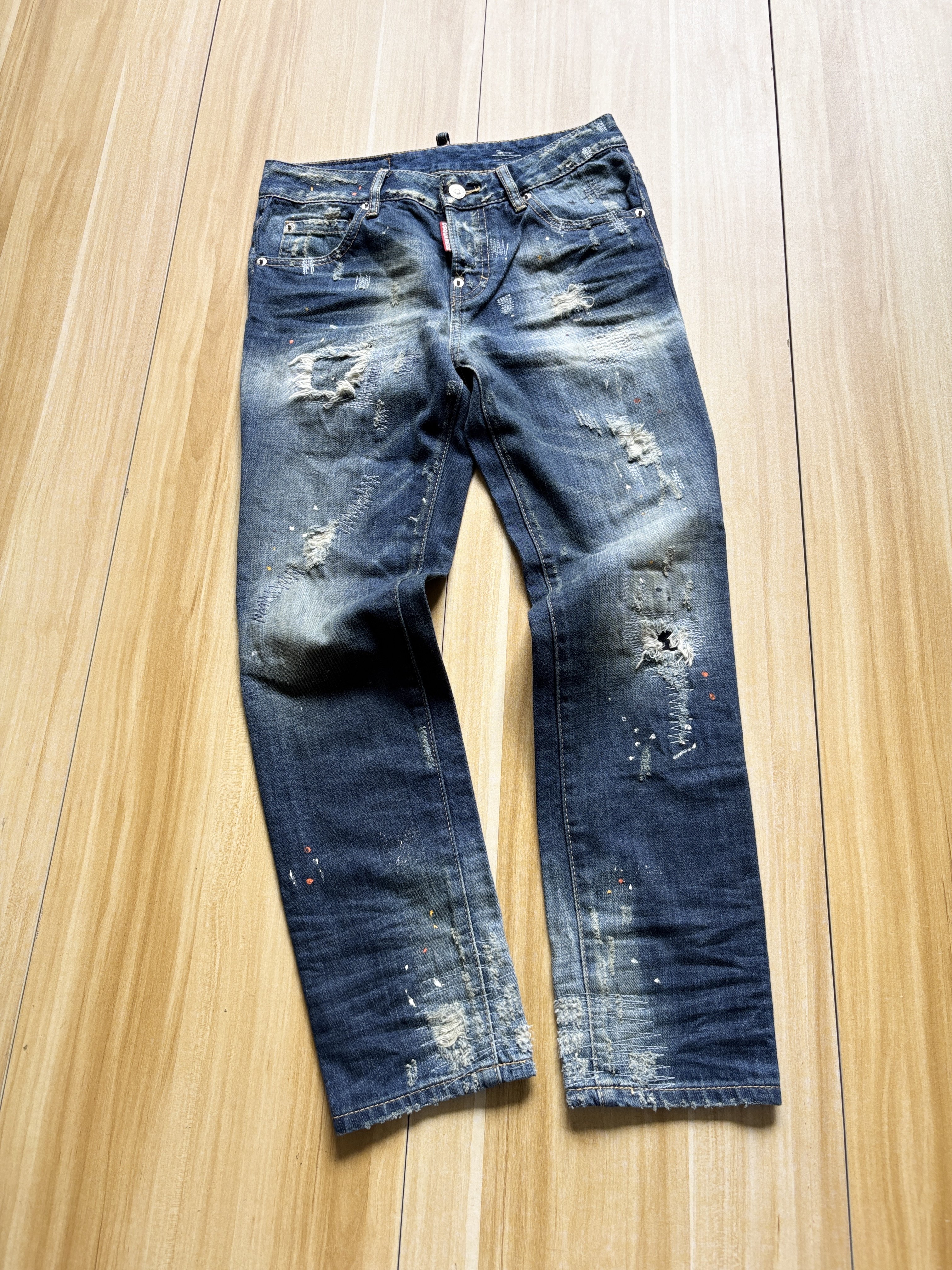 孤品欧美外贸单D2女士复古泼墨破洞做旧直筒牛仔裤34码腰70长88