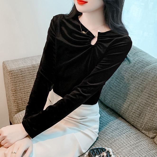 2025春季新款金丝绒斜领上衣女韩版百搭淑女T恤修身显瘦洋气小衫