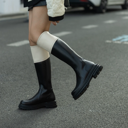 Высокие сапоги с молнией, демисезонные ботинки на платформе, в стиле Шанель, из натуральной кожи