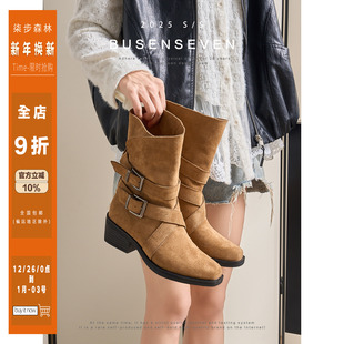 柒步森林方头两穿翻折旅行西部靴英伦气质时尚 百搭短靴子女秋新款