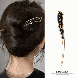 时尚复古螺钿发簪女金色月牙形发饰轻奢气质头饰簪子