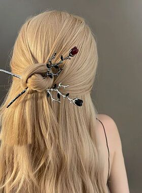 2024 New Chinese Hairpin Hair Stick Rose Flower Crystal Bran