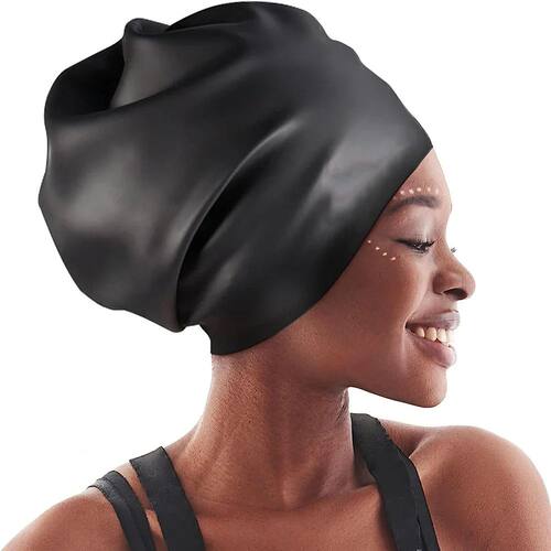 Extra large silicone swimming cap with long hair and dirty