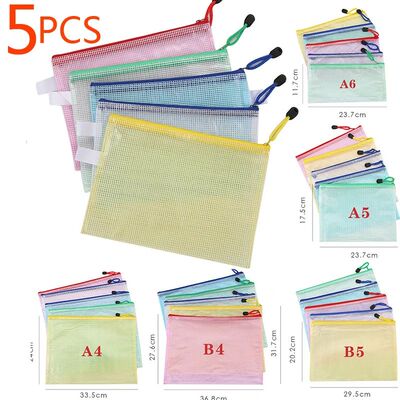 5PCS Stationery Storage Folder File Mesh Zipper Pouch A4 A5