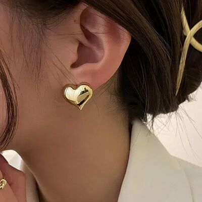 LATS Gold Color Smooth Surface Love Heart Shaped Stud Earrin