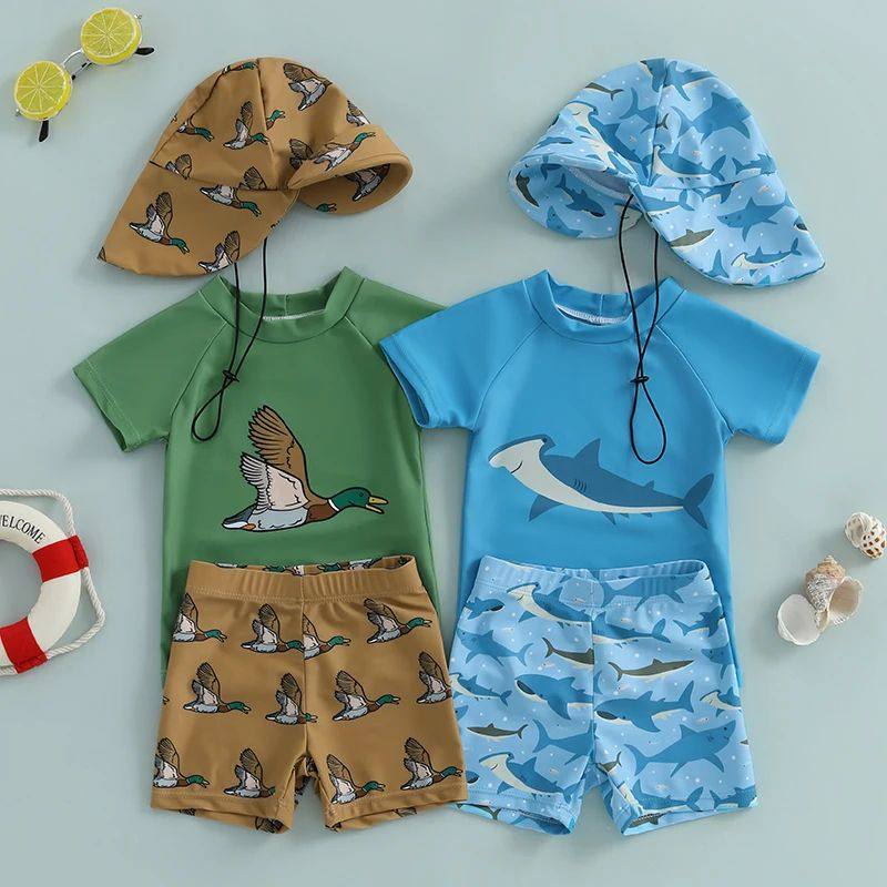 Toddler Baby Boys Rash Guard Swimsuit Set Shark/Duck Print