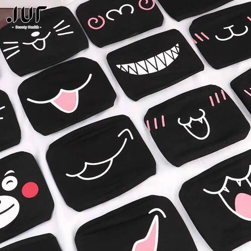 Black Unisex Cartoon Cat Funny Expression Face Mask Cotton B