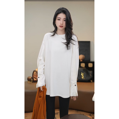 小乖逃双色！白色咖色卫衣圆领纯色极简风宽松秋冬百搭款S25723