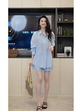 小乖逃X蓝色套装翻领蓝色排扣衬衫翻袖蓝色短裤双口袋抽绳 M8870