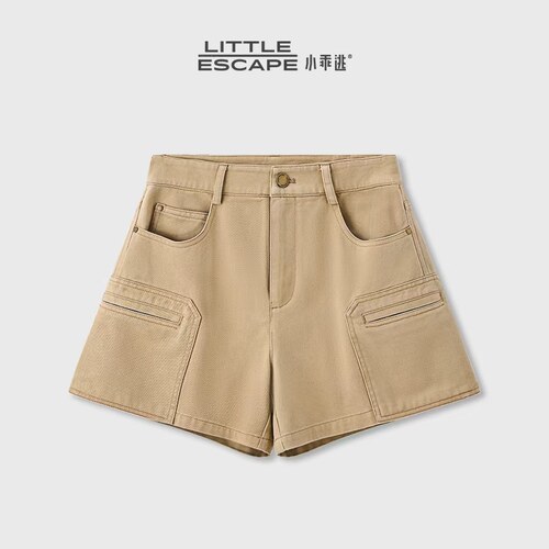 小乖逃卡其色工装大口袋牛仔短裤夏季高腰显瘦A字休闲裤TS8349