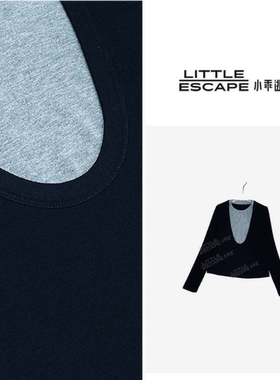 小乖逃休闲时尚黑色T恤假两件U型领百搭款N95168