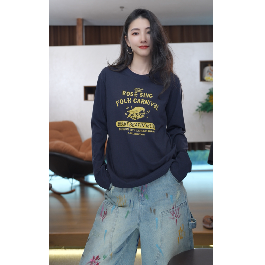 小乖逃黑色RO字母卫衣飞鸟印花宽松早秋美式上衣N71021
